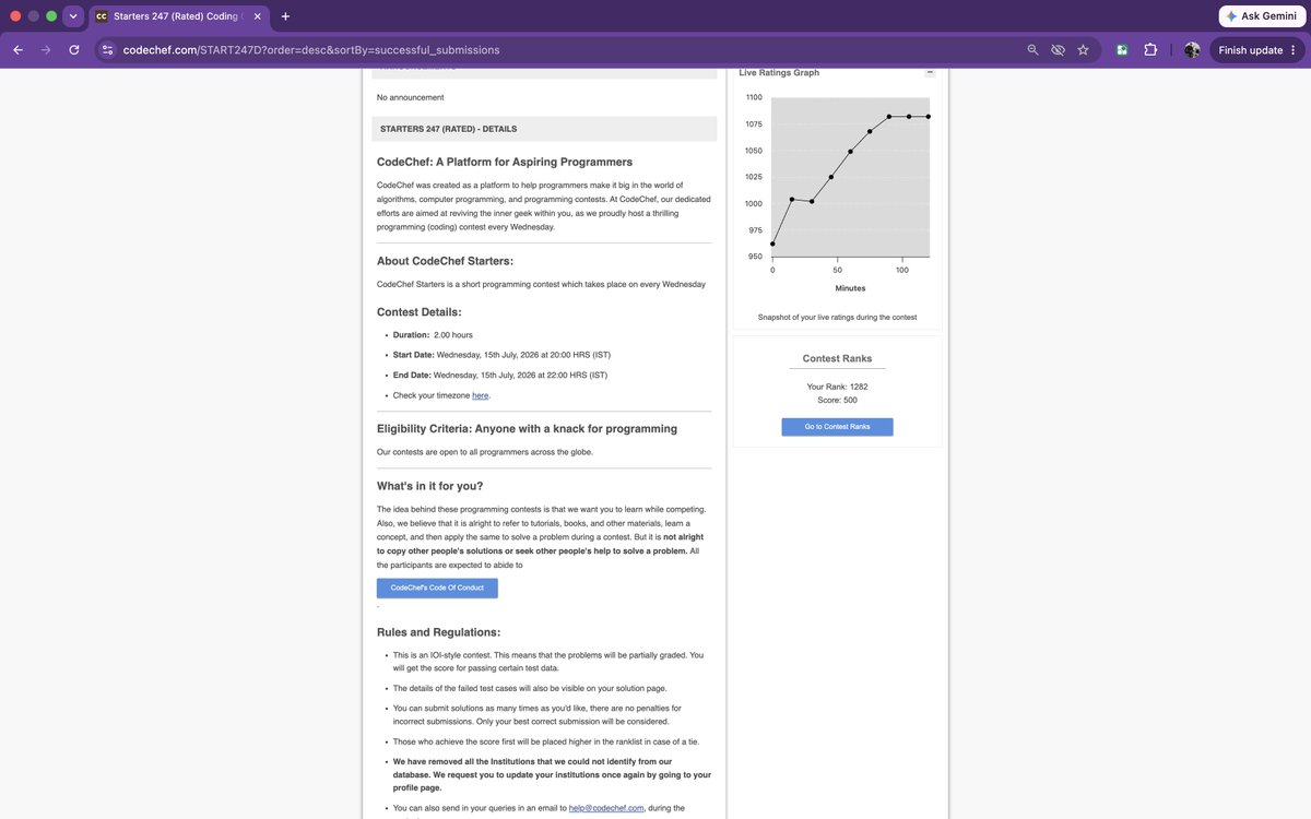 SatyamK82337165's tweet photo. 🚀 CodeChef Starters 247 ✅Solved 5 problems today.The biggest takeaway?
Learning from the problems you couldn't solve is often more valuable than the ones you did.What's your post-contest routine—editorials first or upsolving first? 🤔#CodeChef #CompetitiveProgramming #DSA https://t.co/wxYKGE17Mw