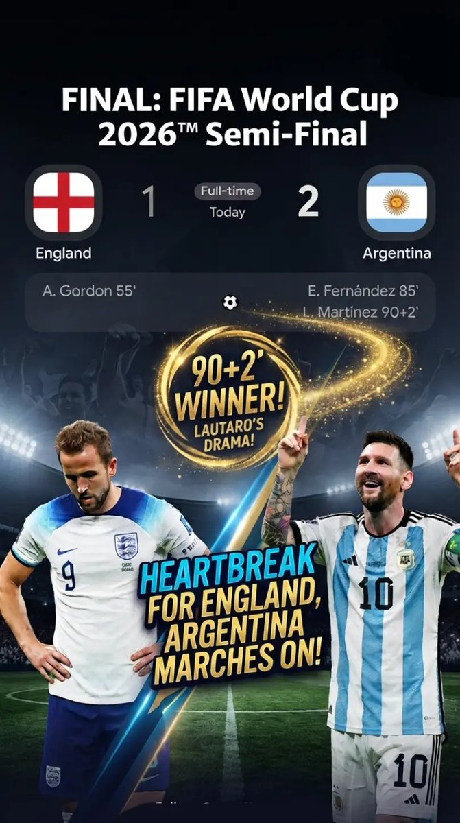 worldcupcntral's tweet photo. ARGENTINA ARE GOING TO THE FINAL! 🇦🇷🔥
​A 90+2' winner from Lautaro Martínez breaks England's hearts and seals the victory! ⚽️😱
​What a semi-final. Simply incredible. 🏟️🏆
​#ArgentinaVsEngland #WorldCup #FIFAWorldCup2026 #Lautaro #Football #Drama https://t.co/btkcoWJuxB