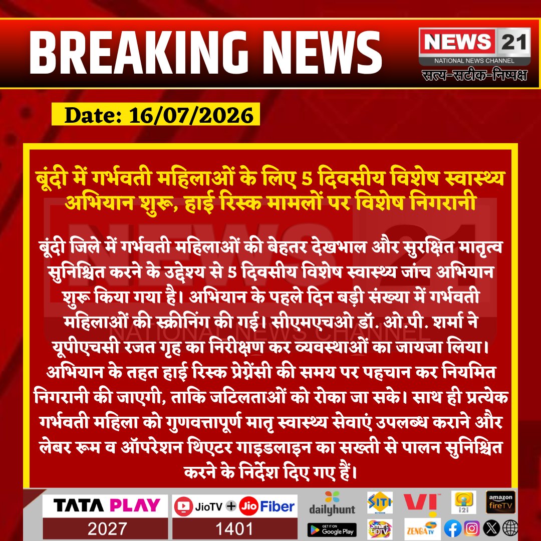 news21national's tweet photo. बूंदी में गर्भवती महिलाओं के लिए 5 दिवसीय विशेष स्वास्थ्य अभियान शुरू, हाई रिस्क मामलों पर विशेष निगरानी
#Bundi #MaternalHealth #Pregnancy #HealthCampaign #HighRiskPregnancy #CMHO #RajasthanHealth #RajasthanNews #BreakingNews #LatestNews #HindiNews #News21 #News21National @GajendraKhimsar