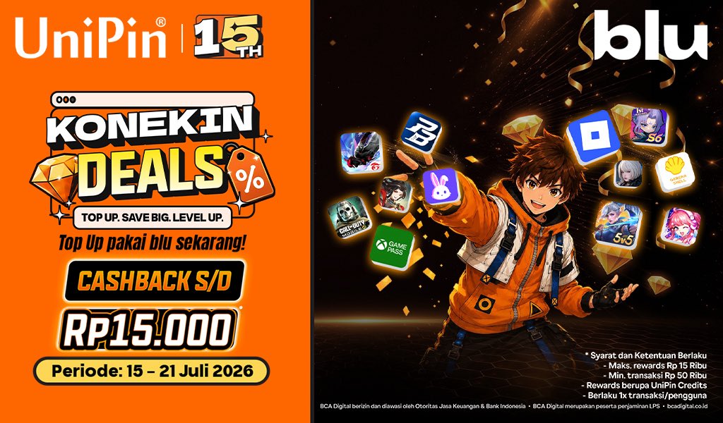 UniPinIndonesia's tweet photo. TOP UP SEKARANG, BANJIR CASHBACK! 💰

Ultah ke-15 UniPin x blu! 🥳 Top up min Rp50.000 pake blu, dapet CASHBACK s/d Rp15.000 UniPin Credits buat modal gacha lo! 😱
📅 15–21 Juli 2026

Buruan top up di UniPin sekarang! 🚀

#UniPin #KonekinDeals https://t.co/wfH4rrY5Zh