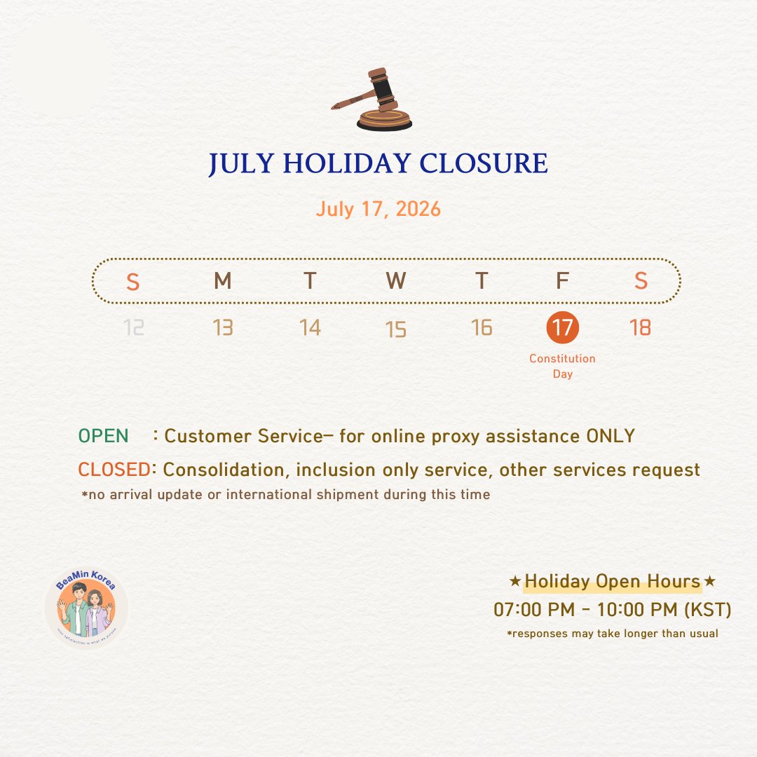BeaMinKorea's tweet photo. ⊹ July 17, 2026 ⊹˚₊

Due to upcoming Constitution Day, there are temporary changes to our operating hours😊

ᰔᩚ Purchase by BeaMin (PB) ‣ 𝐎𝐏𝐄𝐍!
*response times may be slower than usual.
ᰔᩚ No arrival update & international shipment
ᰔᩚ All other services will be temporarily unavailable

Kindly refer to this for your future service requests during this time.

Thank you for your kind understanding and continued support!💙🧡