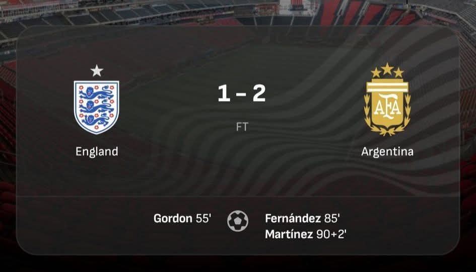 Bappa_Tee's tweet photo. 🏴󠁧󠁢󠁥󠁮󠁧󠁿 England 1-2 Argentina 🇦🇷

Anthony Gordon gave England an early lead, but Argentina staged a dramatic comeback as Enzo Fernández and Lautaro Martínez scored late to secure a 2-1 victory.

Up next : Spain (FINALS). https://t.co/1bh6GwEnuT