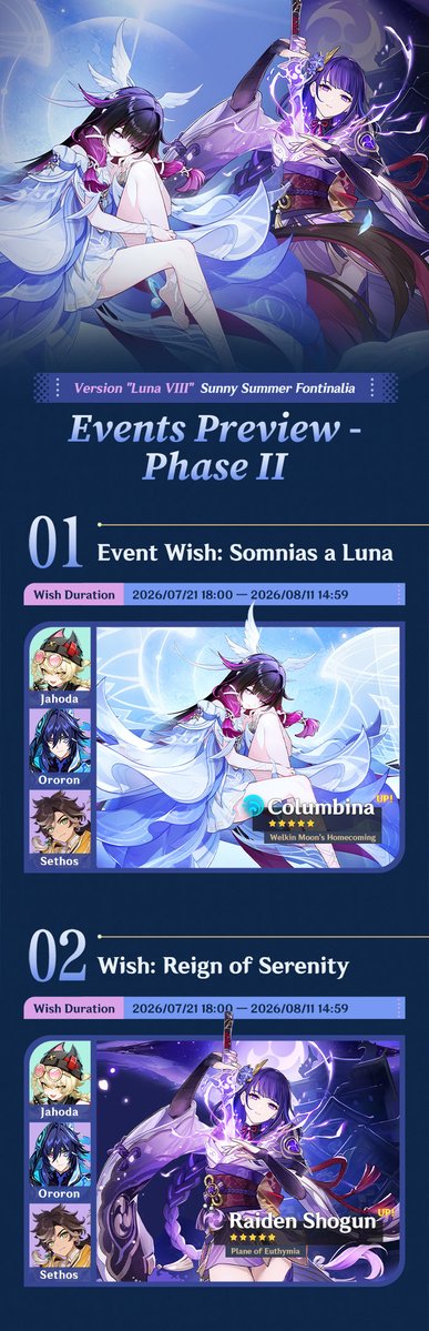 GenshinImpact's tweet photo. "Sunny Summer Fontinalia" Version "Luna VIII" Events Preview - Phase II
#GenshinLunaVIII #GenshinImpact 

Hello Traveler! Let's take a look at the latest events!
The "Sunny Summer Fontinalia" event and the limited-time area exploration rewards event "When We Look Up at the Moon" are still available. Travelers who have not yet claimed their rewards should not miss out!