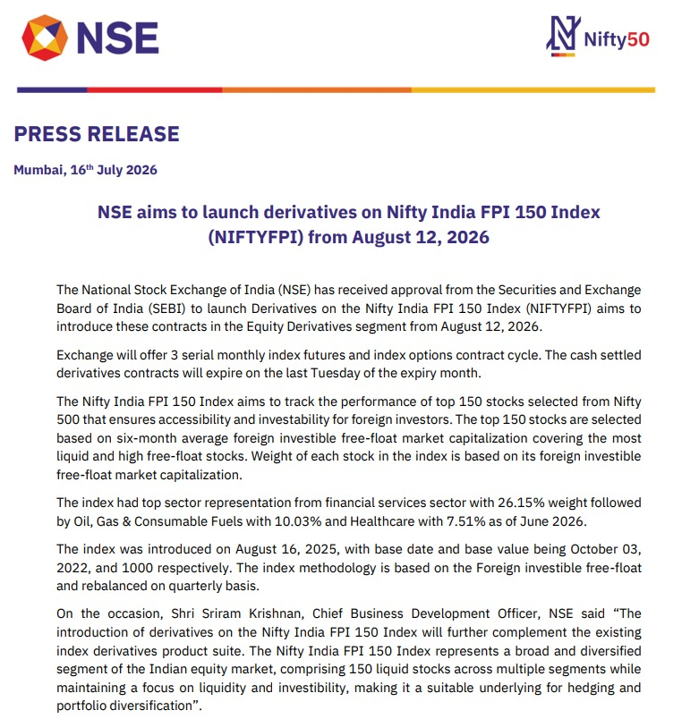 CNBCTV18Live's tweet photo. #CNBCTV18Market | #NSE aims to launch #derivatives on Nifty India FPI 150 Index (#NIFTYFPI) from August 12, 2026 https://t.co/578ycZbc3K