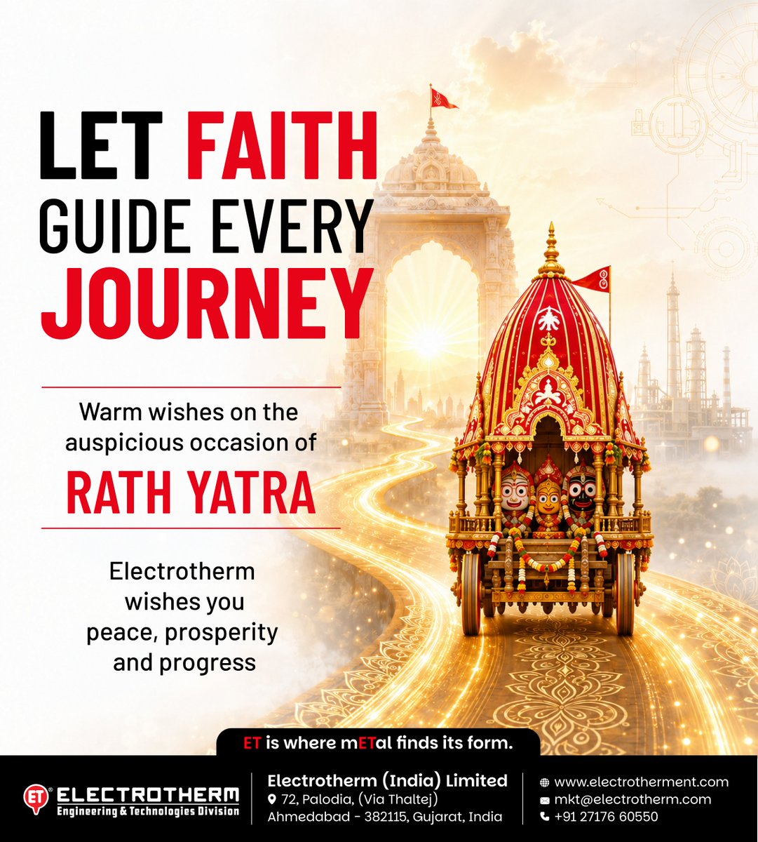 Electrotherm_ET's tweet photo. May faith guide every journey toward peace, prosperity, and progress.
Electrotherm wishes you and your loved ones a blessed and joyful Rath Yatra. 🙏
#RathYatra #Electrotherm #PeaceAndProsperity #JourneyOfFaith https://t.co/y0GCqgvkbJ