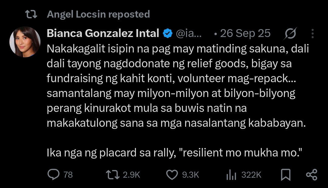 chhxgel's tweet photo. Angel Locsin has always been very vocal about corruption and flood control, even though she’s been on hiatus for almost 4 years. She always finds ways to stand up and speak out. Libre lang mag-browse sa internet, so there’s no reason for any of us to stay unaware. https://t.co/QjkdFN0OHJ