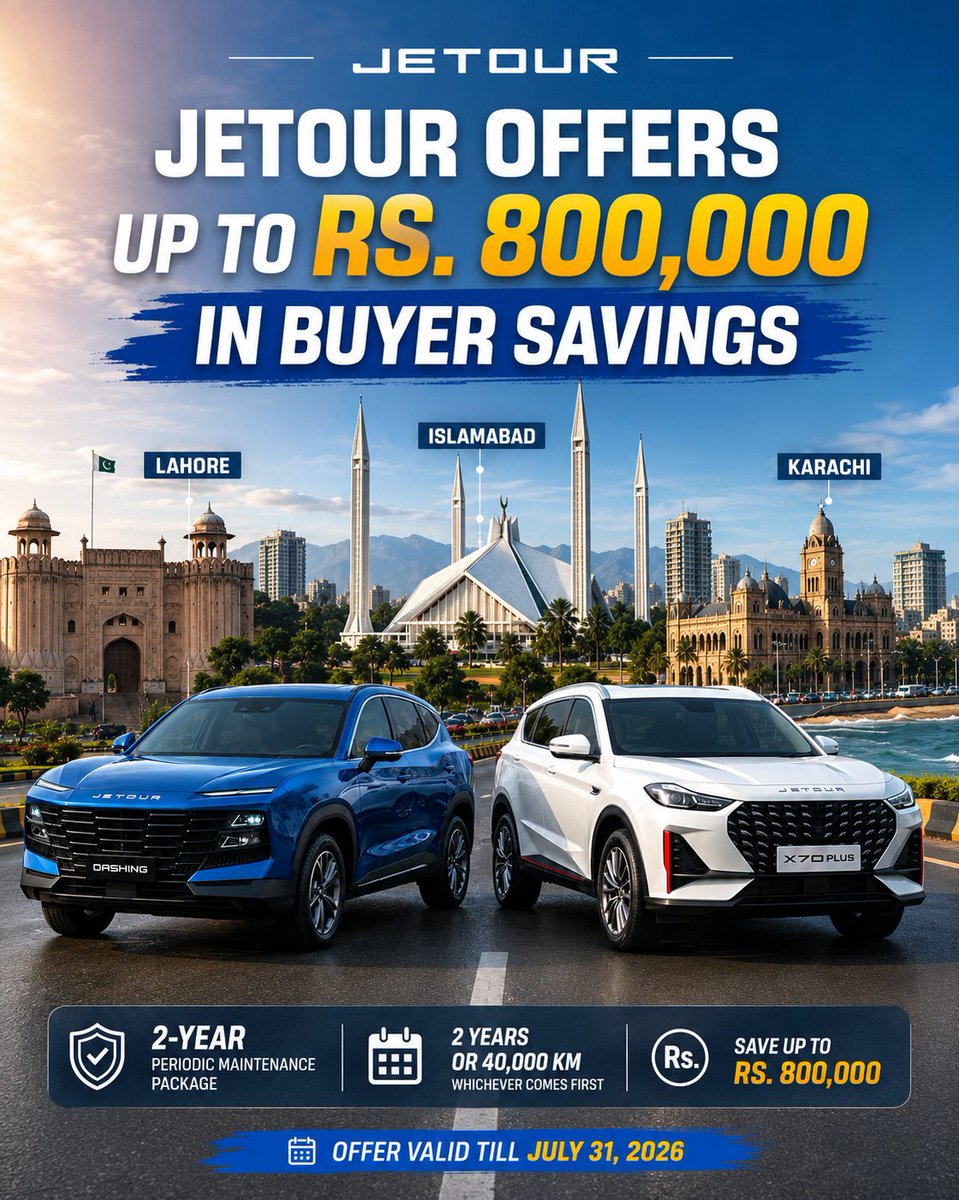 caradviserspak's tweet photo. 🚗 Jetour Offers Up to Rs. 800,000 in Buyer Savings
Jetour Pakistan is offering a FREE 2-Year Maintenance Package on the Dashing & X70 Plus.
Read More:https://t.co/yNJwRJ8qLe
#Jetour #CarAdvisers #JetourPakistan #SUV #PakistanCars #AutoNews #JetourDashing #X70Plus https://t.co/OENYyoTsPG
