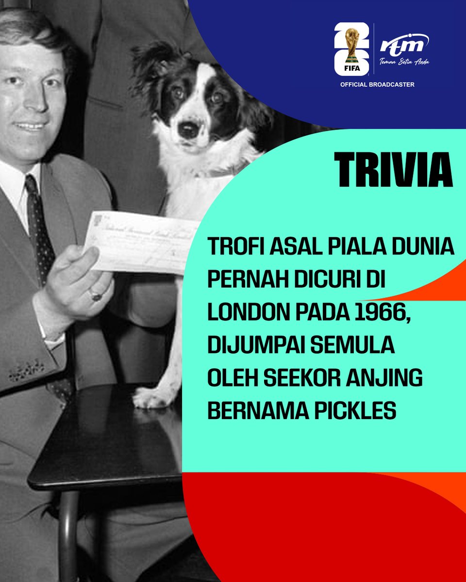 RTM_Malaysia's tweet photo. Tahukah anda? 

Pada tahun 1966, Trofi Jules Rimet pernah dicuri di London sebelum ditemui semula oleh seekor anjing bijak bernama Pickles 🐶 di bawah pagar sebuah taman. 

Bukti drama Piala Dunia bukan sekadar atas padang!

#SatuBolaSatuDunia
#PialaDunia2026RTM
#SorakWithRTM https://t.co/mIxr4GI6ae