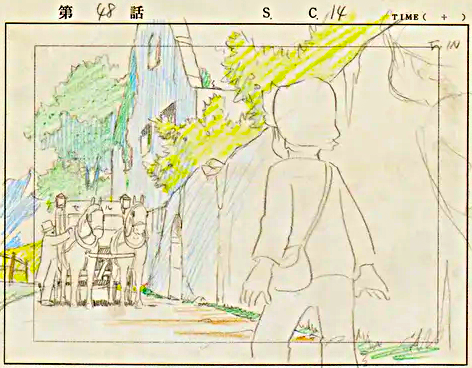 mantengorilla's tweet photo. 宮崎駿監督は、『アルプスの少女ハイジ』に「場面設定・画面構成」の役職で参加しましたが、当時のスタッフだった才田俊次さんのイラストエッセイによると、宮崎監督は、1日で半パート、つまり、150枚ほどのレイアウトを一人で描いたそうです。信じがたい話です。画像2～4枚目が当時のレイアウトです。 https://t.co/5c2FKNSh48