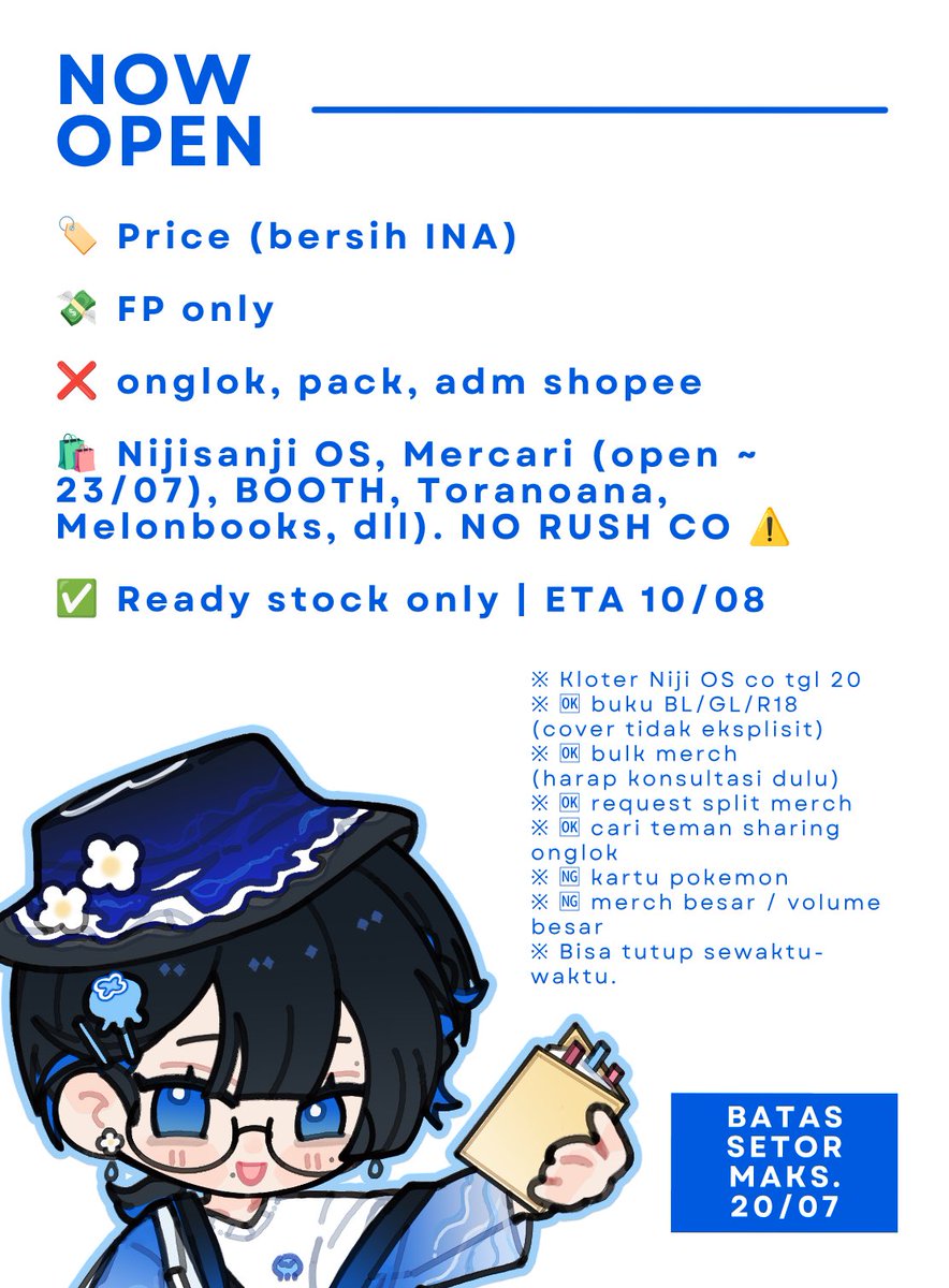 oshinkatsu's tweet photo. Handcarry Persod Web JP

💸 bersih INA, FP
📑 setor maks. 20/07
📆 eta 10/08
❌ onglok, pack, adm shp
🛍️ Mercari (open ~ 23/07), BOOTH, Toranoana, Melonbooks, dll). NO RUSH CO ⚠️
✅ Ready stock only 
🔞 buku BL/GL/R18 (cover tidak eksplisit) 

※ Bisa tutup sewaktu-waktu https://t.co/TUyeaosh8h