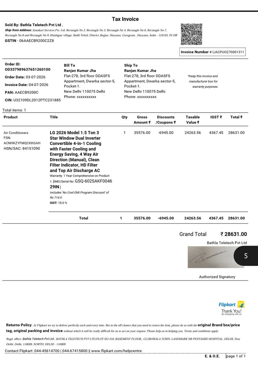 RKJha1985's tweet photo. @flipkartsupport Hello @flipkartsupport ,  As discussed with Customer care, Return is scheduled for today. Please ensure you have updated the correct serial no. now on the pickup technician app to avoid rejection like last time. Serial no mentioned on flipkart Bill n package Box n Unit is same. https://t.co/A9ecuLcq9G