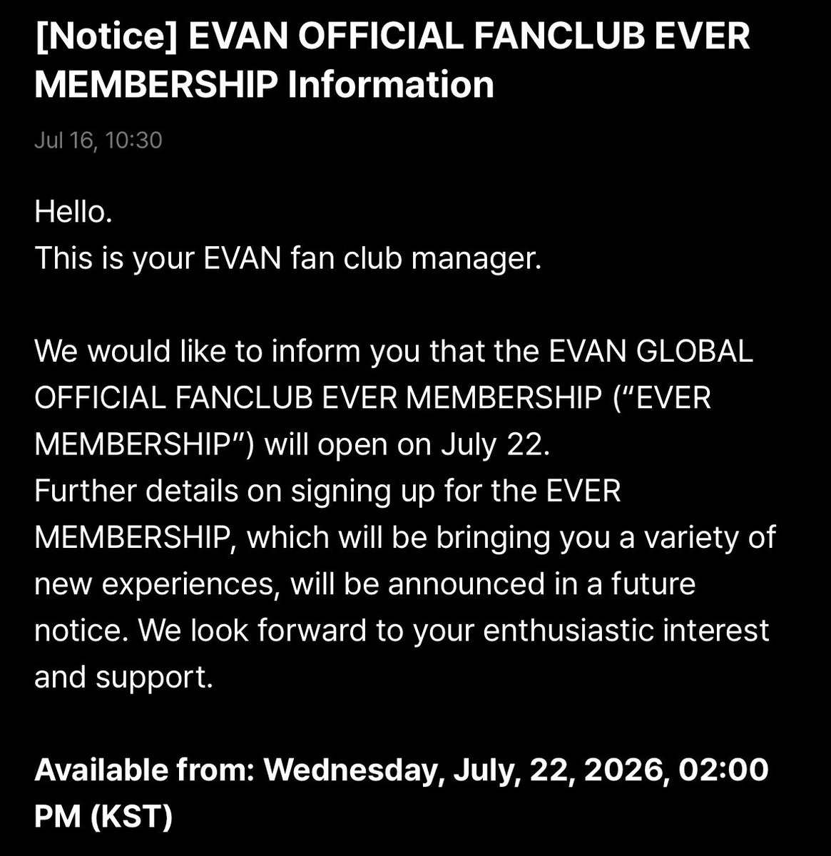 evanfolder's tweet photo. [260716] NOTICE

EVER MEMBERSHIP officially opens on July 22 from 2 PM KST

#EVAN #에반 #HEESEUNG #희승 https://t.co/uHEYjuj1XJ