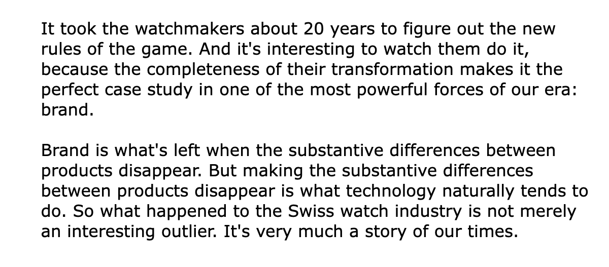 dieworkwear's tweet photo. Paul Graham's March 2026 essay, "The Brand Age," is one of the smarter pieces I've read related to men's style. Although it's about watches, the theory is broadly applicable to a lot of things, esp as menswear devolves into polo shirts and chinos. Worth Googling and reading. https://t.co/vDG85zNxtn