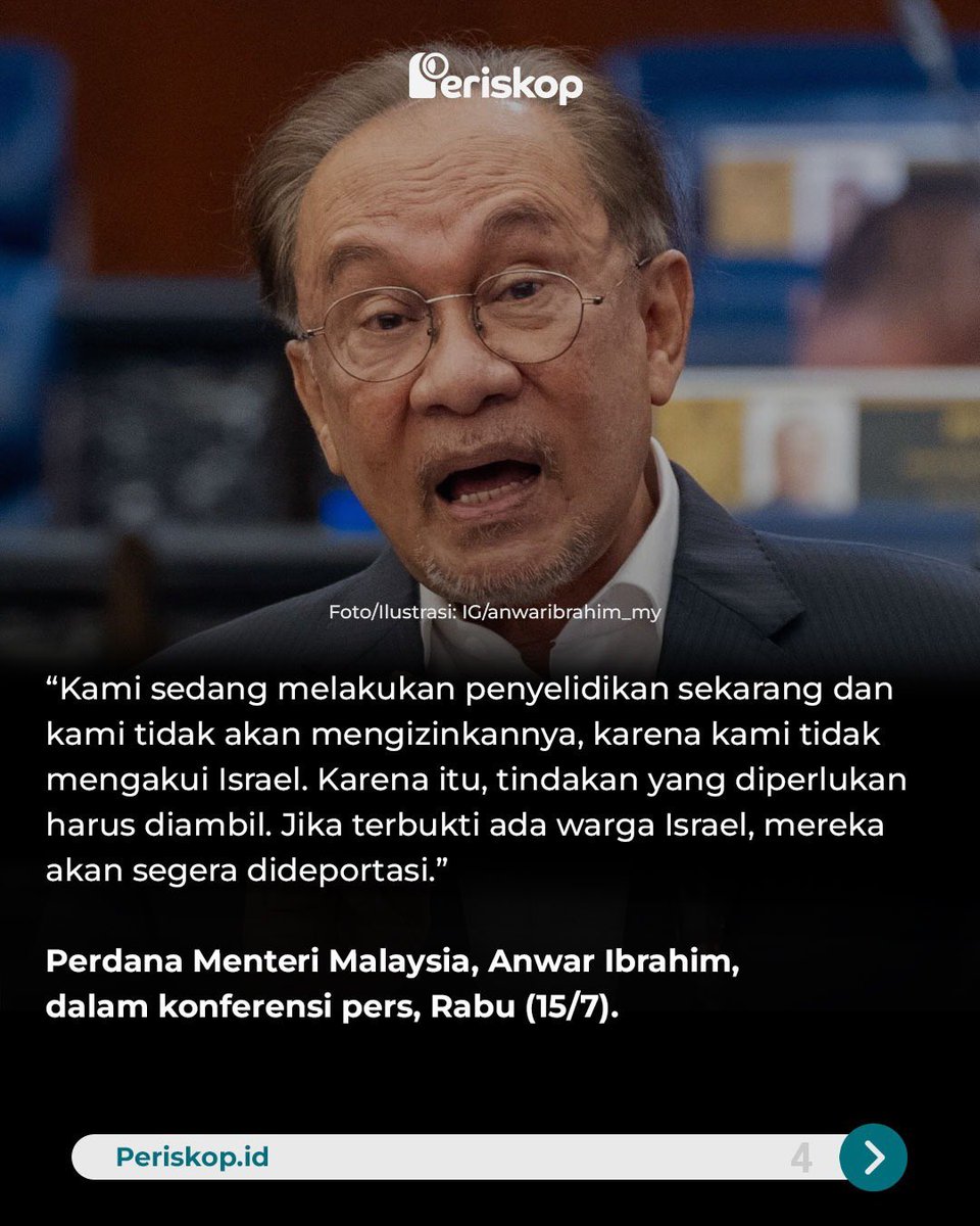 periskopid's tweet photo. Malaysia kembali menegaskan sikapnya terhadap Israel. PM Anwar Ibrahim menyebut warga Israel yang terbukti masuk ke Malaysia akan segera dideportasi.

Pernyataan ini muncul setelah ada laporan dugaan keberadaan warga Israel di wilayah Malaysia yang kini masih diselidiki aparat.

#Periskop #Periskopid #Malaysia #AnwarIbrahim #Israel