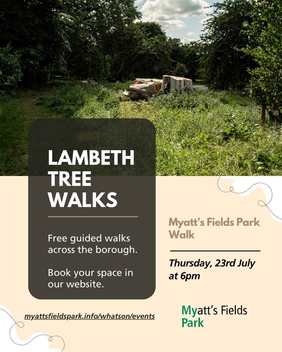 myattsfields's tweet photo. 🌳 Discover our local trees' secret life! Join Lambeth Tree Planting Officer for free July &amp; August walks. Limited spots—reserve now! https://t.co/Ju1YXb3mQX #MyattsFieldsPark #LambethTrees #UrbanForest #Camberwell #CommunityEvents https://t.co/LK4E1kRqYN