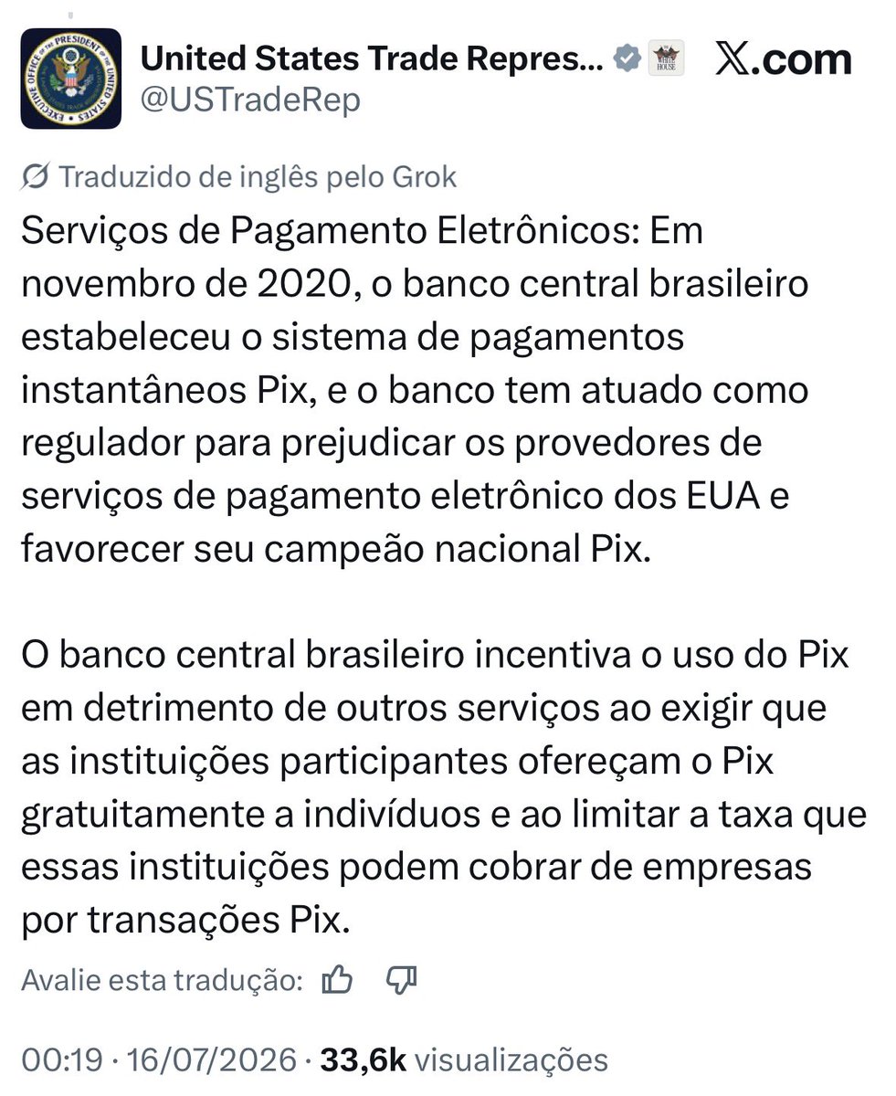 PedroRonchi2's tweet photo. EUA atacou o Pix alegando que ele tira o lucro das empresas deles. Ou seja, nenhum país pode inventar nada que diminui o lucro dos EUA que eles ameaçam, aplicam tarifas e sanções. Mas o comunismo que é malvadão, né? https://t.co/vPSMCRCCuc