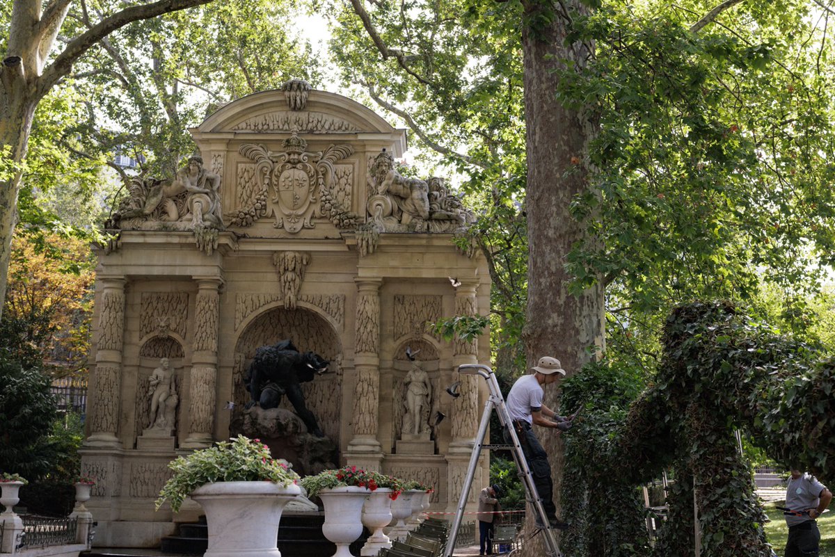 JardinLuco's tweet photo. 🌿✂️ Autour de la Fontaine Médicis, les jardiniers façonnent avec précision les silhouettes de lierre qui ornent ce lieu emblématique du Jardin du Luxembourg.

Cette taille régulière permet de conserver leurs formes, de favoriser une végétation dense et de préserver l'harmonie de ce décor historique.