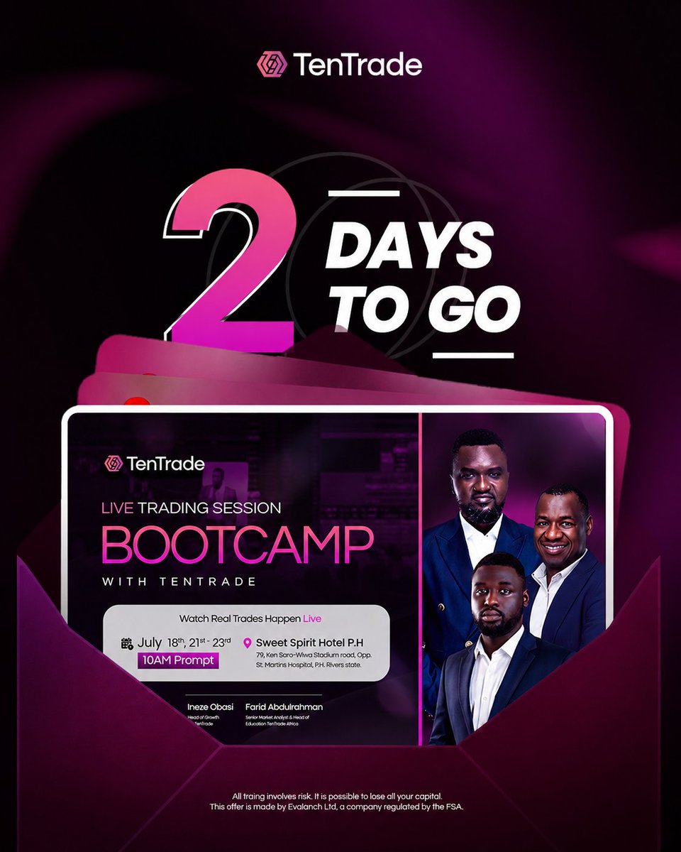 ndubuisibl98723's tweet photo. β³ Just 2 days to go!
The wait is almost over, Port Harcourt City! In just 48 hours, the TENTRADE BOOT CAMP begins.
Get ready to learn, connect, and experience trading like never before. See you there! ππ
#TENTRADE #PortHarcourtCity #TradingBootCamp https://t.co/RhSIx9XzF9