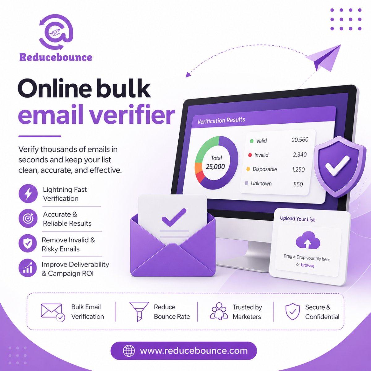 Reduce_Bounce's tweet photo. Maximize your email marketing ROI with ReduceBounce. Our online bulk email verifier easily cleans large lists, removes invalid addresses, and ensures your campaigns reach active inboxes for superior deliverability. visit us: https://t.co/kVWLUYMsNc

#OnlineBulkEmailVerifier #SaaS https://t.co/VhBdtbaTGj