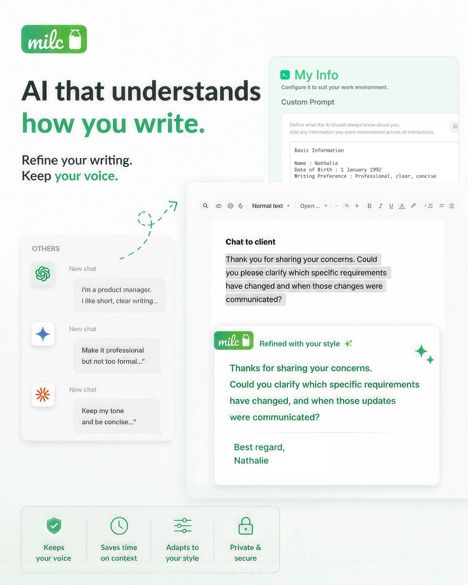 milc_fun's tweet photo. The weird thing about AI writing?

It can make your sentence better and somehow make it sound less like you.

We think your AI should learn your style, not replace it.

milc helps you edit without losing your voice.

https://t.co/muN5mxKDt3

#milc #AIEditing #FlowWriting https://t.co/Hz5JXW2a3r