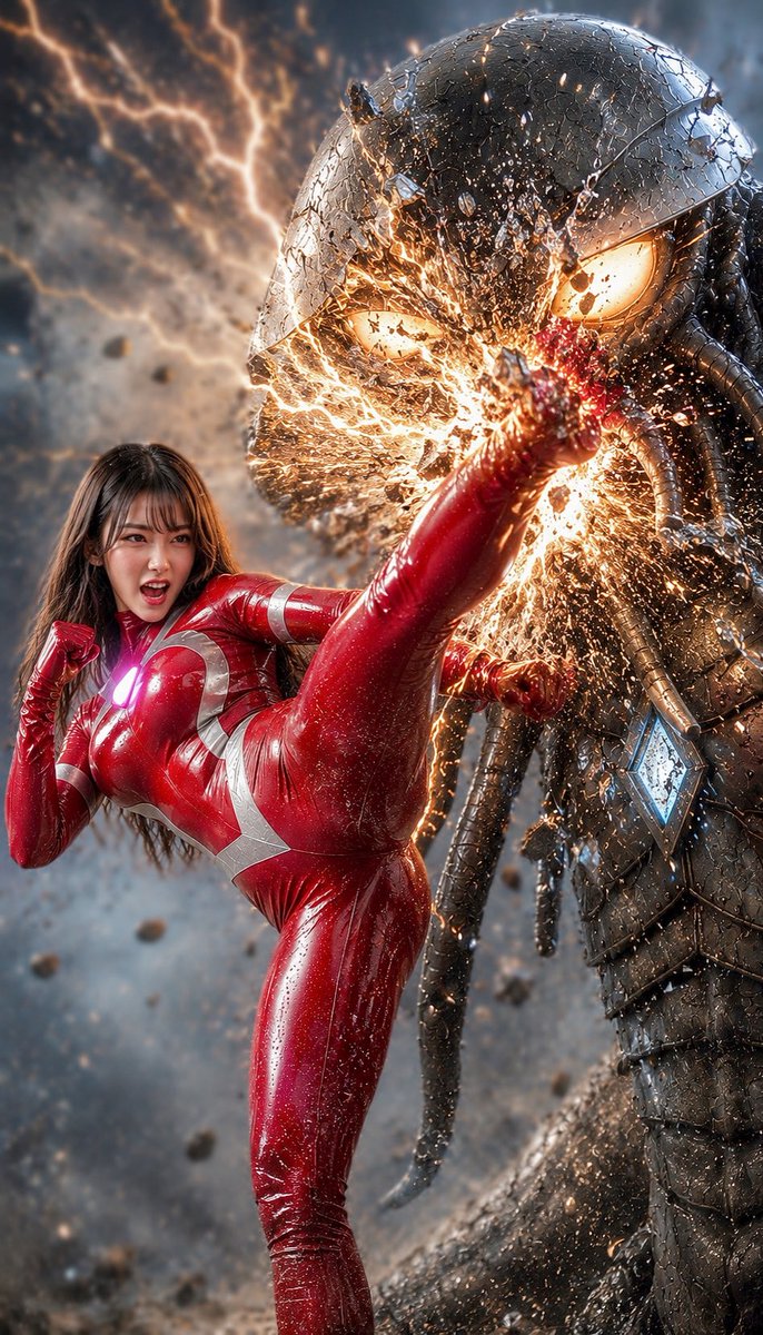 8c30Cw's tweet photo. アオイの渾身の必殺技レッドライトニングキックが怪獣マンプランヘッドに華麗に炸裂✨✨✨
殲滅完了！
はぁっ、はぁっ...強かった....
苦戦した闘いを噛み締め、空を見上げる紅の女神😌

【巨大ヒロイン　アオイ】 https://t.co/JD5dup0QxE
