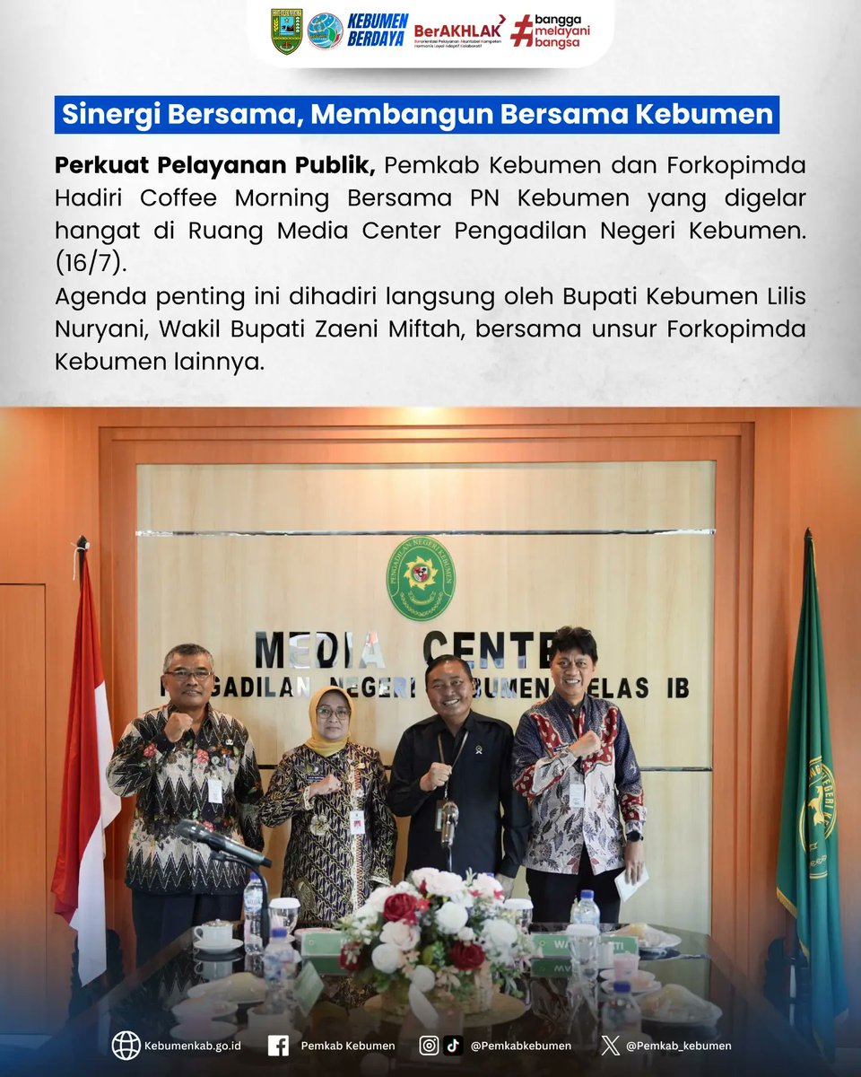 pemkab_kebumen's tweet photo. Bupati Kebumen Lilis Nuryani bersama Wakil Bupati Zaeni Miftah menghadiri Coffee Morning bersama Forkopimda yang digelar Pengadilan Negeri Kebumen. 
#pemkabkebumen #kebumen #forkopimda #sinergibersama #pelayananpublik https://t.co/KdkNDbnC1M