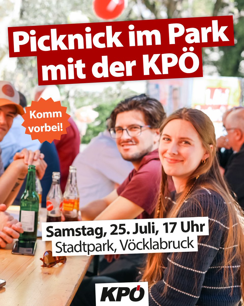 KPOE_VB's tweet photo. Wir laden euch herzlich zu unserem gemütlichen KPÖ-Picknick im Vöcklabrucker Stadtpark ein!  

#kpö #kpövöcklabruck #picknick #politik #park https://t.co/oovwvMFFcr