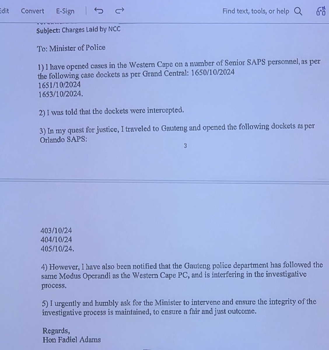 pule_jones's tweet photo. The commission is now traversing the sequence of events from Adams first opening the case.
The commission are going through the sequence of events

Commissioner Khumalo states none of the cases in October 2024 have anything to do with Mokwele. The matter of nepotism relates to other colonels. There were no cases of fraud opened. Padayachee says he'll have to check. Khumalo argues that cases opened in Orlando and Cape Town in the Section 27 affidavit do not relate to Mokwele.
@eNCA