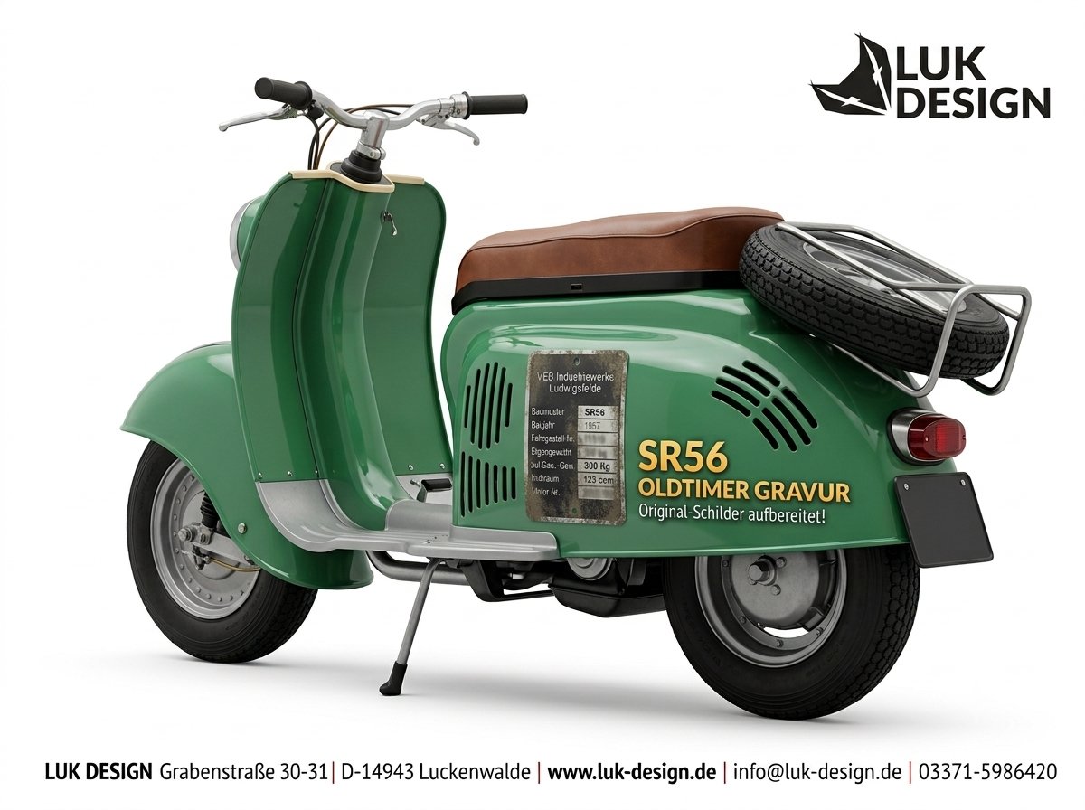 lucktronxtc's tweet photo. DDR-Kult im neuen Glanz! 🛵✨
Für eine legendäre SR56 Wiesel (1957) haben wir das historische Typenschild originalgetreu neu graviert. Echte Detailarbeit aus Luckenwalde! 🛠️
Mehr dazu im neuen Blogbeitrag & auf unserem Kanal: 👉 https://t.co/HJs56ENX8y
#sr56 #wiesel #lukdesign https://t.co/2vxea2fL5T