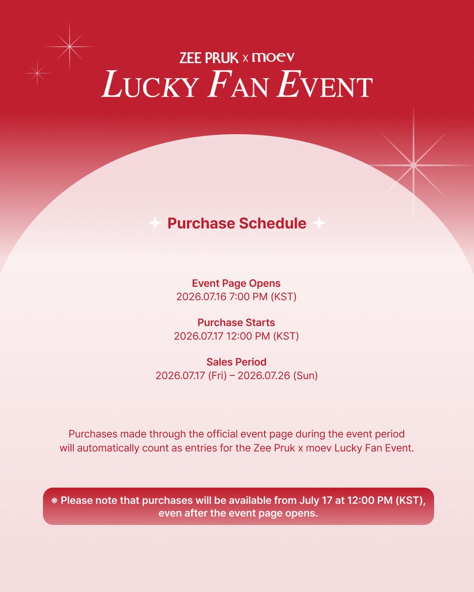 moev_global's tweet photo. ZEE YOU SOON♥

ZEE PRUK x moev Lucky Fan Event  
The event page is now open

Purchase Starts 
July 17, 2026 at 12:00 PM 

Sales Period 
07.17 – 07.26 

Please check the purchase pages through the link in moev’s official account bio. 

#ZeePruk #moev #Khaircare

@zee_pruk https://t.co/i533zwCKie