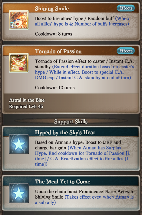 granblue_en's tweet photo. Summer Atman's stats and skills.

Shining Smile picks 1 buff (2 at Hype 4) from the following list: Fire ATK up, Crit, DMG cap up, Shield, Armor, and Refresh. https://t.co/vh7TEYzxfW