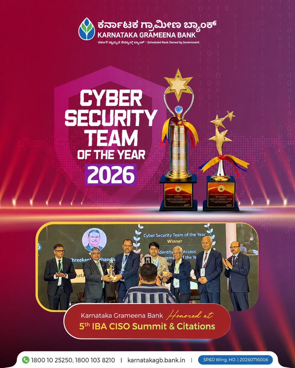 karnatakagbank's tweet photo. A proud milestone for Karnataka Grameena Bank!

Honored at the 5th IBA CISO Summit &amp; Citations 2026 for our commitment to strengthening cybersecurity and safeguarding customer trust. Together, we're building a safer and more resilient digital banking future.

#KGB  #CyberSecurity https://t.co/AHIUoTyqhb