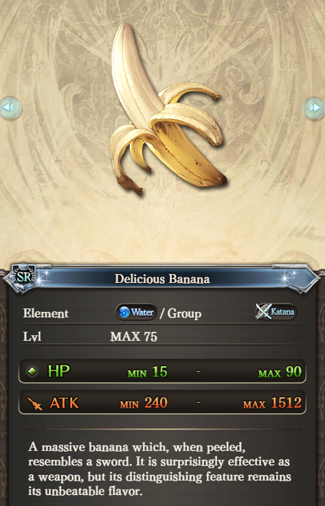 granblue_en's tweet photo. Summer Atman's weapon, the Exhilarating Banana, is an Axe.

Previously in Granblue Fantasy, bananas were katanas (peeled) or melee (unpeeled). It took a whole bunch of bananas to be an axe. https://t.co/w4zDfA4bdd
