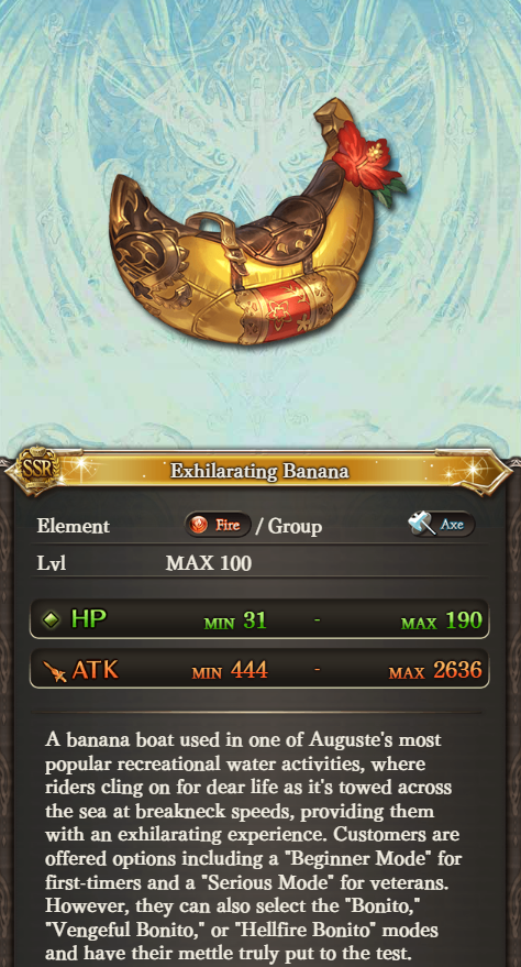 granblue_en's tweet photo. Summer Atman's weapon, the Exhilarating Banana, is an Axe.

Previously in Granblue Fantasy, bananas were katanas (peeled) or melee (unpeeled). It took a whole bunch of bananas to be an axe. https://t.co/w4zDfA4bdd