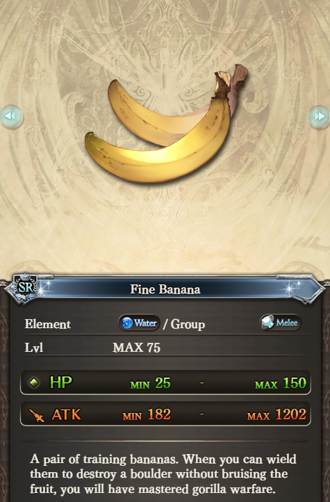 granblue_en's tweet photo. Summer Atman's weapon, the Exhilarating Banana, is an Axe.

Previously in Granblue Fantasy, bananas were katanas (peeled) or melee (unpeeled). It took a whole bunch of bananas to be an axe. https://t.co/w4zDfA4bdd