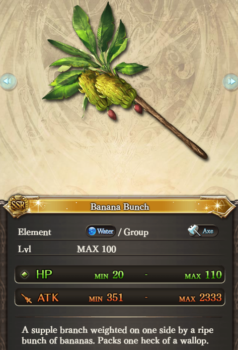 granblue_en's tweet photo. Summer Atman's weapon, the Exhilarating Banana, is an Axe.

Previously in Granblue Fantasy, bananas were katanas (peeled) or melee (unpeeled). It took a whole bunch of bananas to be an axe. https://t.co/w4zDfA4bdd
