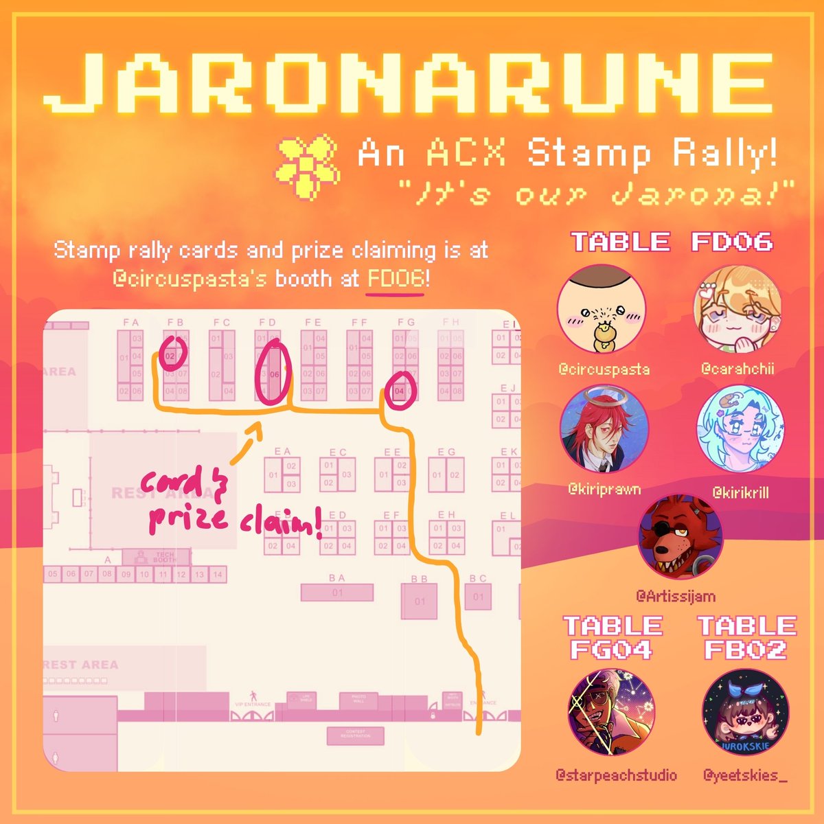 circuspasta's tweet photo. 🌼 JARONARUNE! 🌼
" 𝙎𝙤𝙧𝙧𝙮 𝙩𝙤 𝙠𝙚𝙚𝙥 𝙮𝙤𝙪 𝙬𝙖𝙞𝙩𝙞𝙣𝙜! " 
❇️ An #ACX2026 Stamp Rally
Ft. DELTARUNE merch primarily focused on #deltarunechapter5 !

1. Pick up a card from FD06!
2. Spend P150 per artist!
3. Claim your prize at FD06!
4. All according to plant! ✨
[1/2] https://t.co/cvZ8OGvqPj
