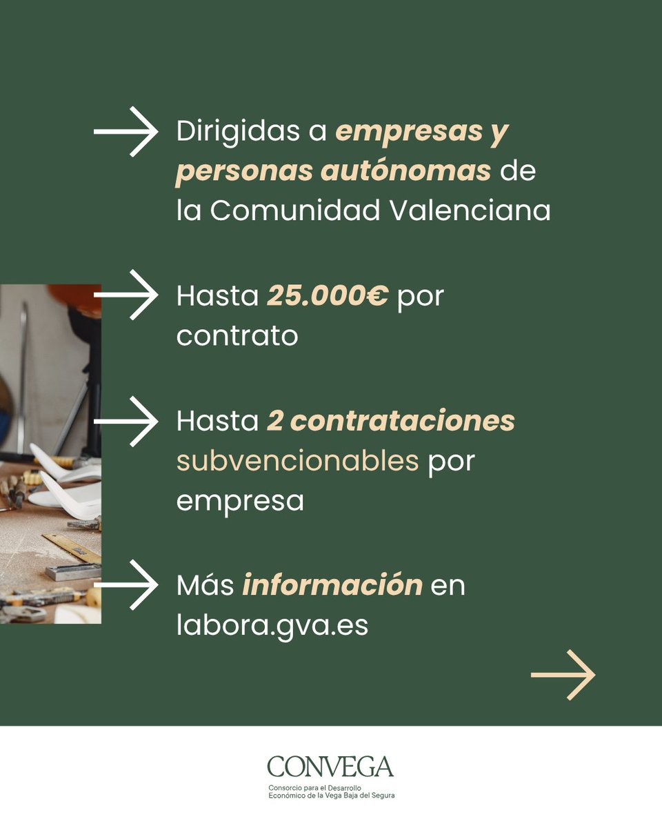 convega_com's tweet photo. ➡️ Se amplía el plazo para solicitar las ayudas a la contratación de personas jóvenes cualificadas.

📅 Hasta el 15 de octubre
👷🏻‍♂️ Dirigidas a empresas y personas autónomas de la CV
💰 Hasta 25.000€ por contrato

🔗 +info en https://t.co/orzDHJteSQ

#Labora #VegaBajadelSegura https://t.co/bYhLc1bydj