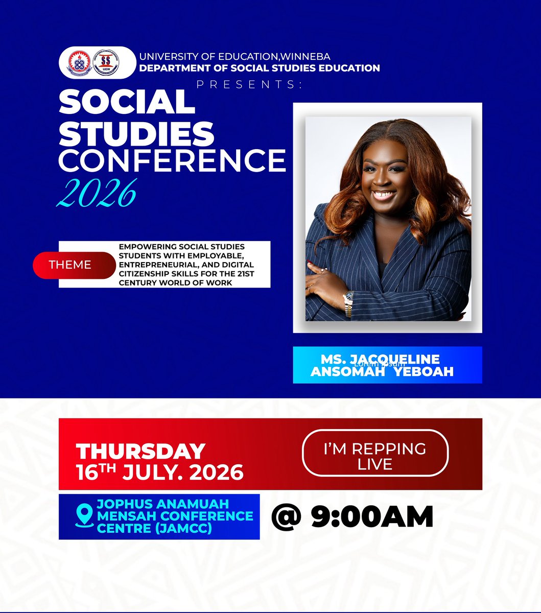 Shejackiesays's tweet photo. Today, I have the honour of returning to the University of Education, Winneba, not as a student, but as a speaker at the 2026 Conference of the Department of Social Studies Education.

Sharing the platform with distinguished personalities including Hon. Matthew Nyindam, Prof. Samuel O. Bekoe (Director-General, NaCCA), the Vice-Chancellor, senior lecturers, and one of my own lecturers from Level 100, Prof. Lucy Effeh Attom, made this moment incredibly special.

Sitting in those lecture halls years ago, I never imagined I’d one day return to speak about Digital Citizenship Skills for the 21st Century World of Work to students walking the same paths I once did.

Life has a beautiful way of coming full circle.

I’m grateful to my department for believing that my journey from a Social Studies student to a broadcast journalist and digital content creator is a story worth sharing.

To every student: never underestimate the skills you’re building today. The little things you choose to learn outside the classroom may become the very things that open doors tomorrow.

Thank you, Department of Social Studies Education, UEW, for bringing me back home. My heart is full