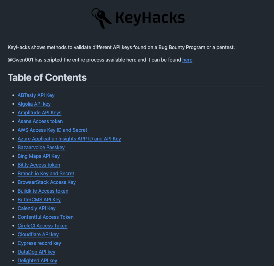 aacle_'s tweet photo. A repository showing quick ways to validate leaked API keys for 50+ services. 

If you find an API key in a bug bounty, this tells you exactly which endpoint to call to check if it's valid and what access it gives. 

Most hunters who find keys don't know this exists

Link 🖇️ 👇 https://t.co/v2utiHu9nw