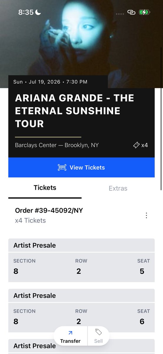 meyerbarbr's tweet photo. This is really last minute but does anyone want 4 tickets for Ariana Grande in Brooklyn, NY ?

i wanted to exchange it but the agents were taking forever to respond so i just bought a closer seat!!

It was $200 (presale price, insane ik) im open to offers Ticketmaster transfer! https://t.co/1hl0Q0c1Vp