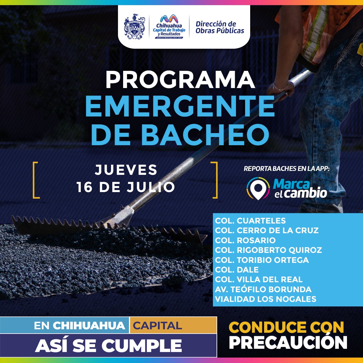 chihuahuampio's tweet photo. ¡Toma precauciones! 🚗⚠️
​Continúa Bacheo en las colonias Cuarteles, Cerro de la Cruz, Rosario, Rigoberto Quiroz, Toribio Ortega, Dale, Villa del Real, avenida Teófilo Borunda y vialidad Los Nogales.
​Reporta al 📞 072 o en la aplicación 📲 Marca el Cambio.
​#TrabajoyResultados https://t.co/PlHxkEgVKG