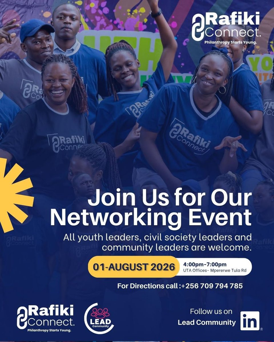 tigashali42's tweet photo. Youth leaders, civil society & community leaders this one's for you!
Join the Rafiki Connect Networking Event to meet fellow changemakers, build partnerships, and inspire action.
#RafikiConnect #LEADCOMMUNITY
@TACSEVU @TouchTheSlumUG @UgandaTailors https://t.co/vh2Kw9nIKX