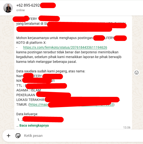 ferrykoto's tweet photo. Ada yang mau ancam2 saya, karena Twit tentang Dody Menteri PU.

Ini sudah jelas pelanggaran data pribadi, sampai tahu data KK. Bahkan lokasi device saya saat ini. 

Saya cek nomor yg WA terhubung dengan website ini 

mohon perhatian @CCICPolri data warga diretas begini. https://t.co/UxjPuJ86Ss