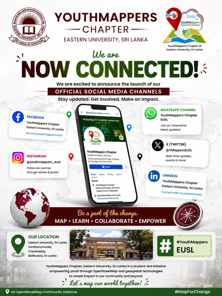 YouthMapper2k26's tweet photo. Map Our World, Shape the Future! 🗺️📍
We warmly welcome you to the newly launched YouthMappers EUSL-Sri Lanka (@YouthMapper2k26), initiated by the students of Eastern University! 🚀
Learn GIS, analyze satellite imagery &amp; unlock exclusive research opportunities. https://t.co/puzUECPgdH