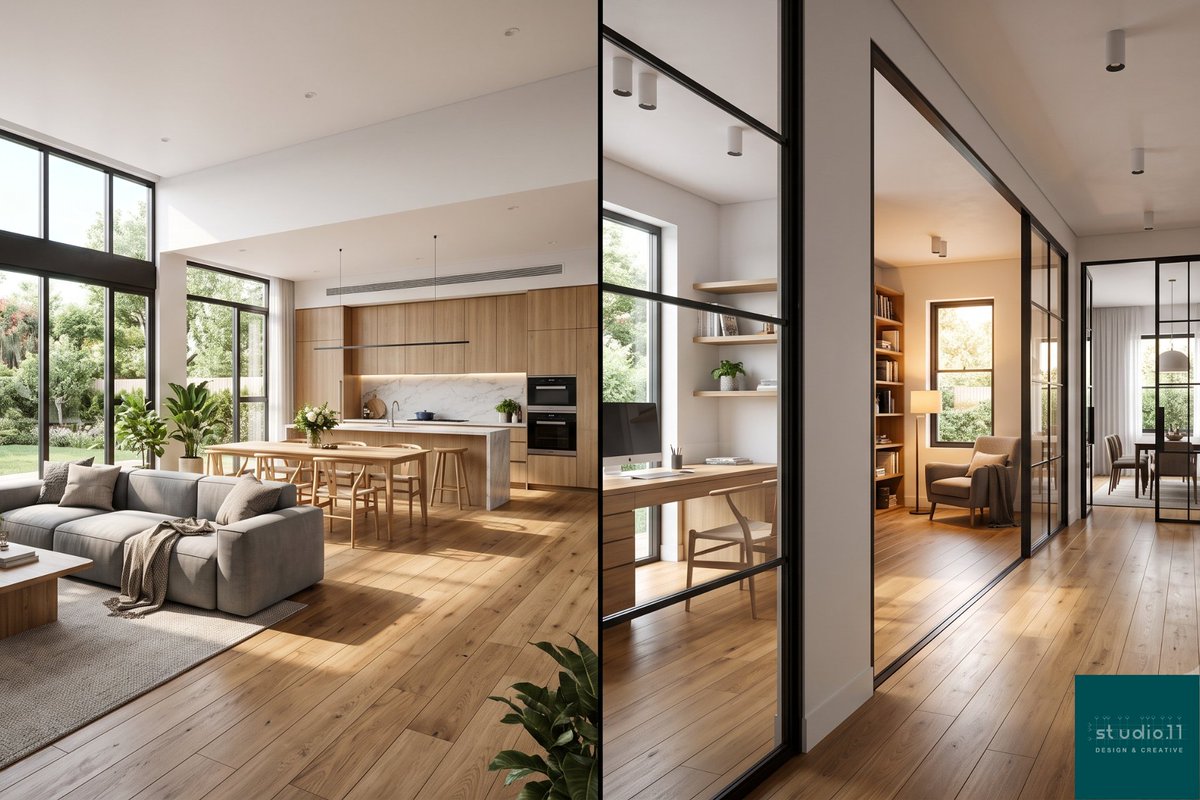 design_studio11's tweet photo. Open Floor Plan vs Defined Rooms: Which Is Better?
Open layouts aren't always the best choice anymore.
Homeowners now want a balance between open living, privacy, and flexible spaces. 
#Architecture #InteriorDesign #HomeDesign #3DVisualization #ResidentialDesign https://t.co/OBc3GVOI11