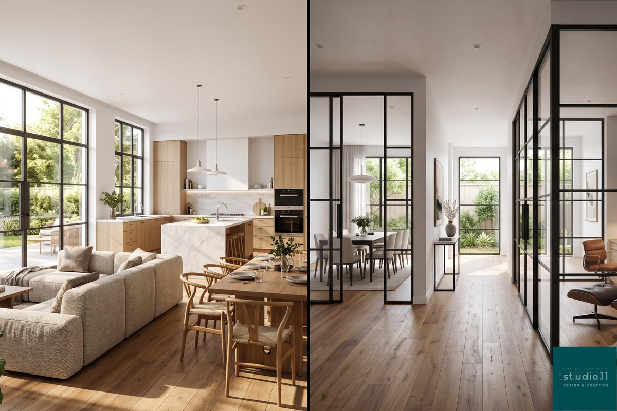 design_studio11's tweet photo. Open Floor Plan vs Defined Rooms: Which Is Better?
Open layouts aren't always the best choice anymore.
Homeowners now want a balance between open living, privacy, and flexible spaces. 
#Architecture #InteriorDesign #HomeDesign #3DVisualization #ResidentialDesign https://t.co/OBc3GVOI11