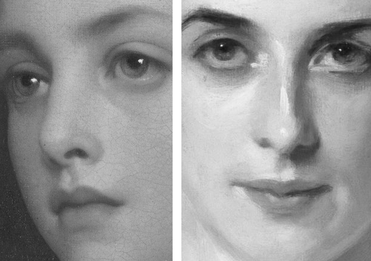 ArtWatchUK's tweet photo. Leighton’s “Biondina” was painted in 1879 and is permanently housed at the Hamburger Kunsthalle in Germany – with no record of a restoration. Sargent’s “Lady Agnew” was exhibited in 1893 and later bought by the Scottish National Gallery (in 1925) but not exhibited there until 1978. It is said to retain its original French frame and – also - never to have been restored. This pair of intact pictures thus present many fair aspects of comparison – perhaps the most obvious being that, in two pictures only fourteen years apart, a profound gulf of painterly methods and philosophies coexists. But first, the significance and value of these pictures’ blessedly restoration-free histories must be highlighted.