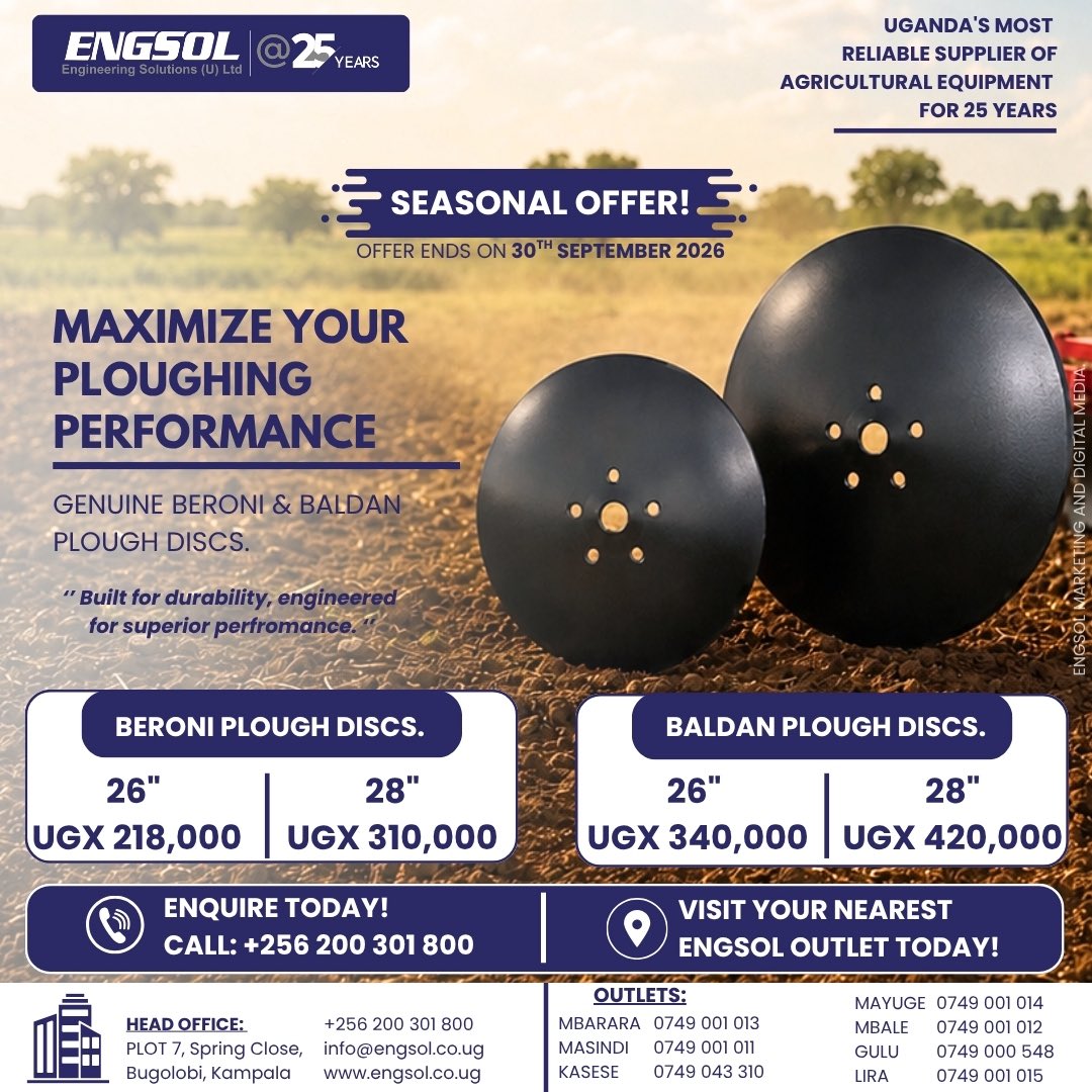 Engsol_UG's tweet photo. 🚜Your plough is only as good as the discs it carries.

Choose genuine Baldan & Beroni Plough Discs for:
✔ Better soil penetration
✔ Superior durability
✔ Reduced fuel consumption
✔ Consistent field performance

📍Visit your nearest ENGSOL outlet today to purchase. 
#ENGSOL #GenuineParts  #ENGSOLSeasonCampaign #Agriculture #FarmingInUganda #PloughDiscs #MechanizedFarming