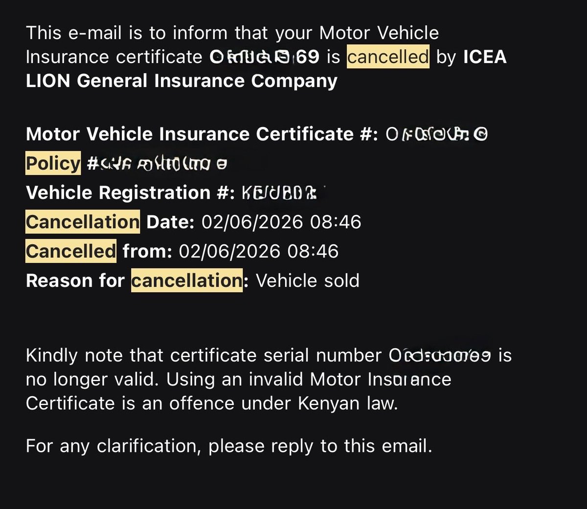 jacintama96's tweet photo. @NCBABankKenya @ICEALION 
Tell me why haven’t I received my refund and my policy was cancelled on 2 June 2026?! https://t.co/SUilGEx5Re